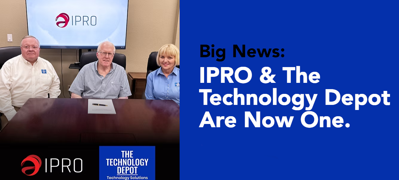 Merger announcement showing conference table meeting with text 'Big News: IPRO & The Technology Depot Are Now One.'
